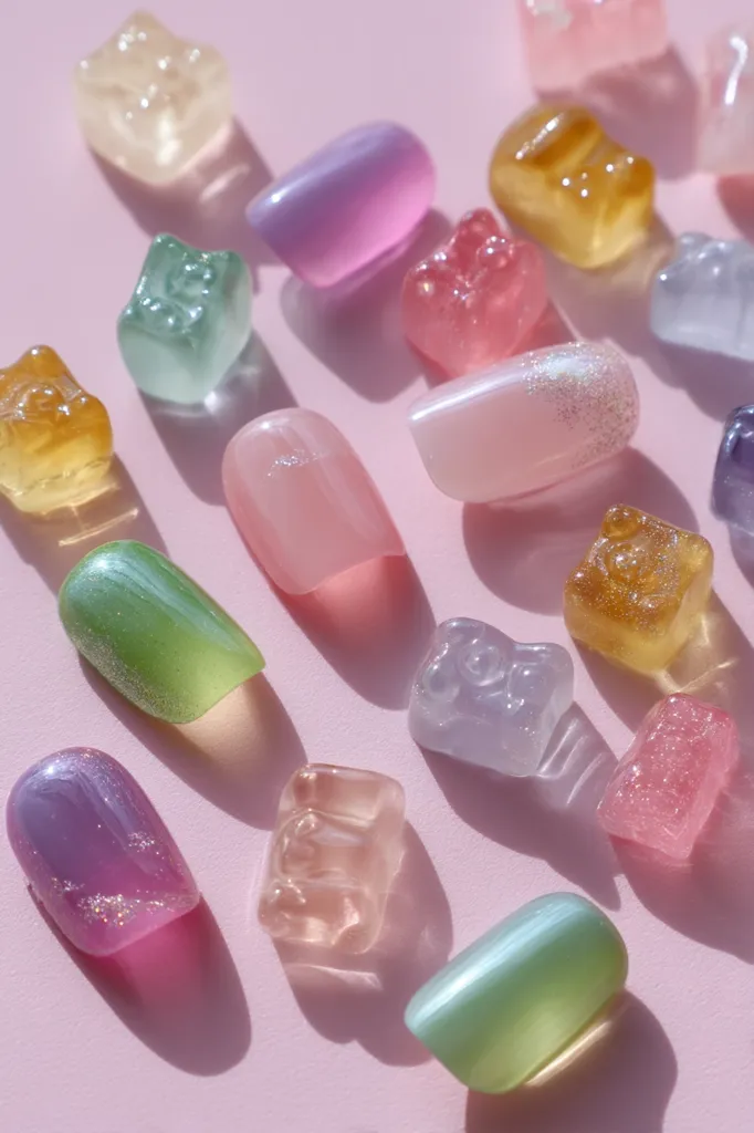 Pastel-colored gummy bears and similarly hued nail polish swatches are artfully arranged on a pink surface.  The gummy candies are translucent, showcasing a variety of soft shades.  The nail polish samples echo the gummy bear colors, creating a cohesive and aesthetically pleasing image.  The lighting highlights the glossy texture of both the candies and the polish.