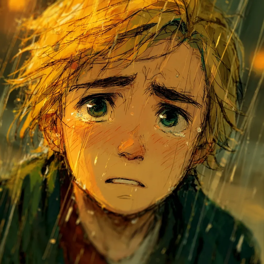 A young boy with blond hair stands in the rain, tears streaming down his face.  His expression is one of profound sadness and despair. The warm, golden tones of the artwork contrast with the somber mood, emphasizing the boy's emotional vulnerability. Rain streaks down his face and clothes, mirroring his inner turmoil.  The image evokes a feeling of loneliness and heartbreak.
