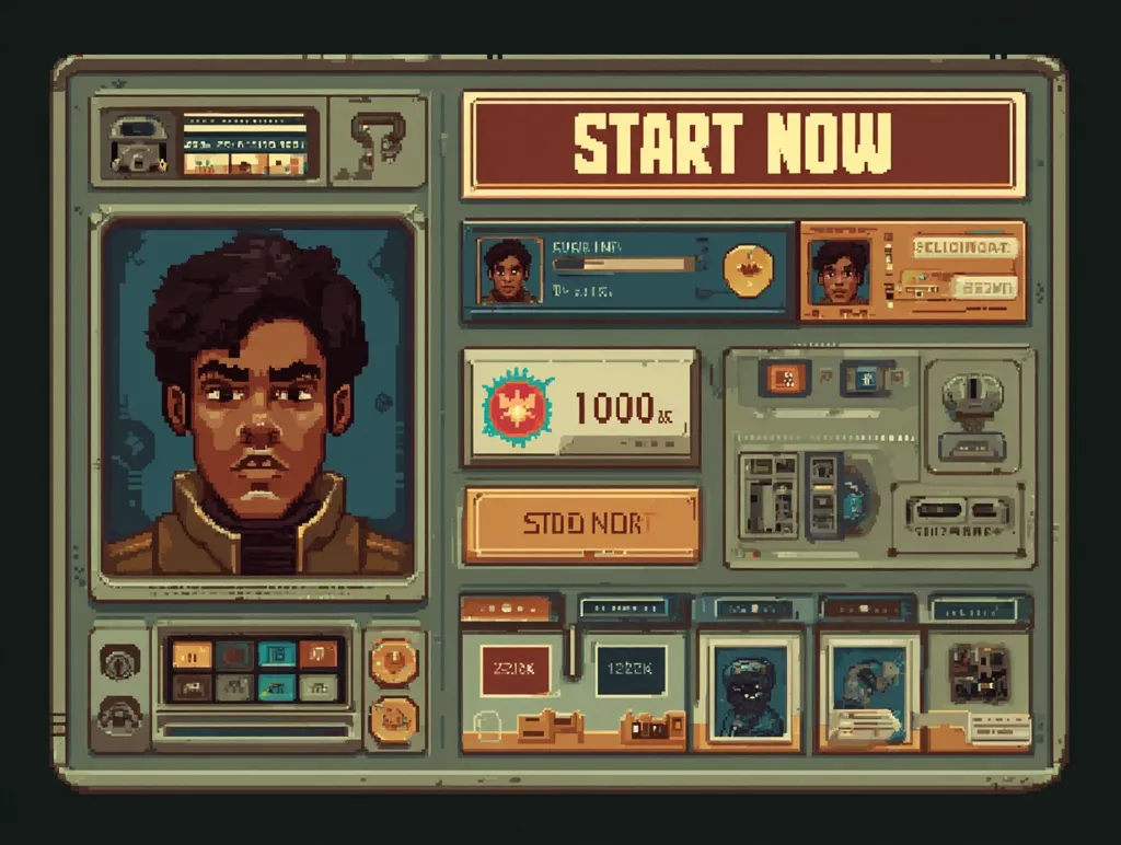 A pixel art game start screen displays a character's portrait,  resource indicators showing "1000xc," and various control panels.  The large "START NOW" button dominates the top.  The interface has a retro-futuristic aesthetic with muted greens and oranges, reminiscent of 8-bit computer games.  Smaller portraits and inventory-like sections flank the main character's image.