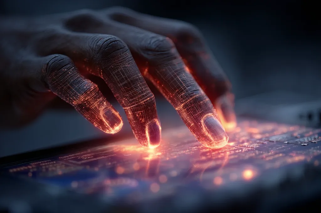 A close-up shot depicts a hand, seemingly digitized with glowing orange lines, interacting with a technological surface.  The fingers touch the surface, creating bright spots of light. The image evokes a sense of futuristic technology and digital interaction, suggesting advanced interface or data manipulation.  The dark background emphasizes the vibrant glow of the hand and the surface.