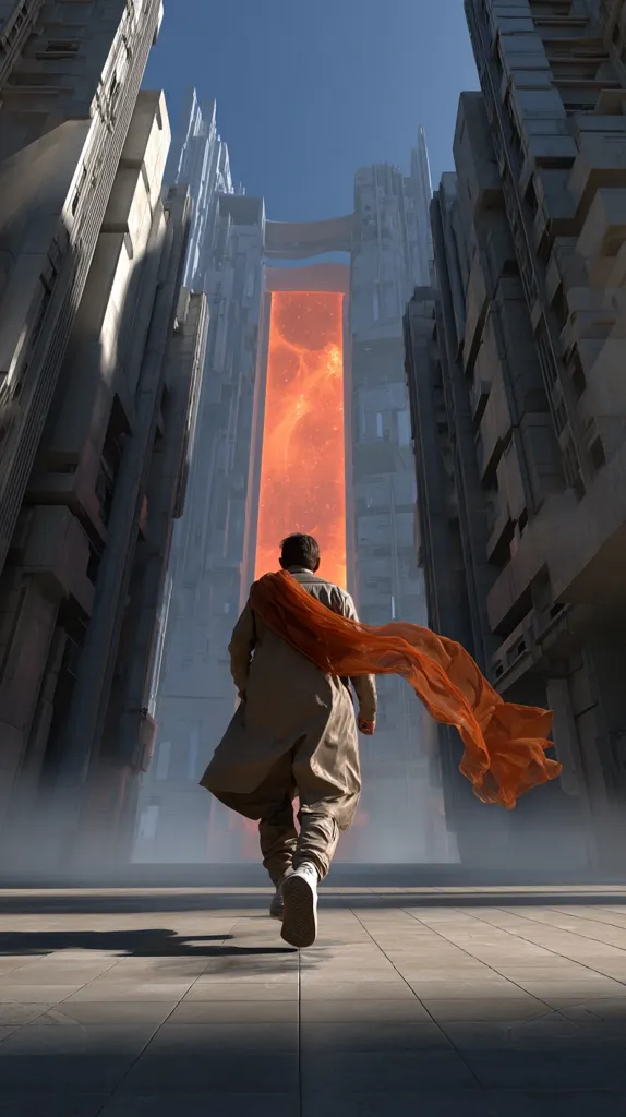 A lone figure, cloaked in a tan coat and flowing orange scarf, walks towards a massive, glowing orange portal nestled between towering, futuristic buildings.  The scene is rendered in a style reminiscent of digital art, with a strong sense of depth and scale. The individual's back is to the viewer, creating a sense of mystery and anticipation about their destination.  The overall atmosphere is one of both awe and uncertainty.