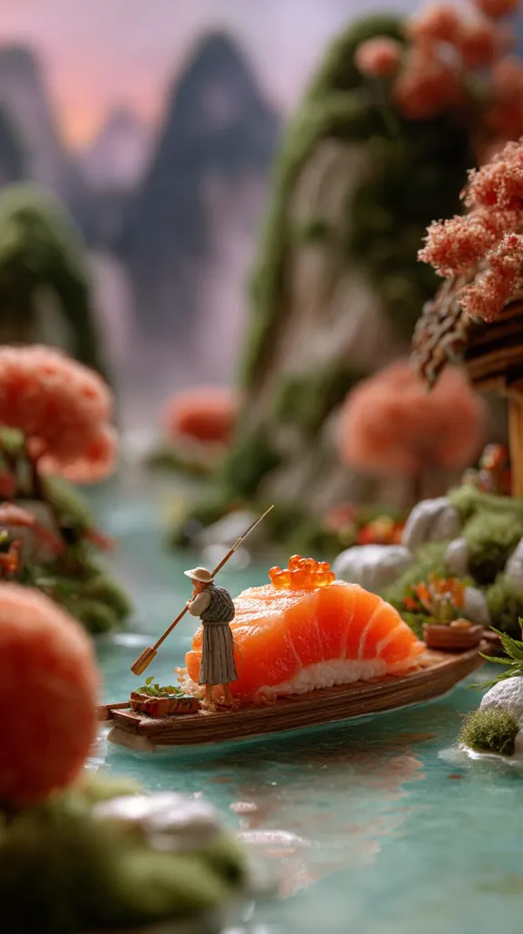 A miniature figure in traditional clothing navigates a tiny boat carrying a large piece of salmon nigiri topped with salmon roe.  The scene is set in a whimsical miniature landscape featuring moss, miniature trees, and a serene water setting, evoking a sense of tranquility and artistry. The image blends elements of food photography and miniature world-building.