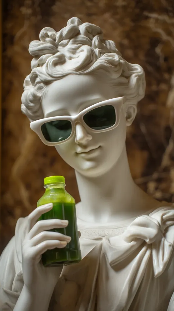 A classical marble statue of a woman, adorned with stylish white sunglasses, delicately holds a bottle of vibrant green juice.  The contrast between the ancient sculpture and the modern beverage creates a striking and humorous juxtaposition. The statue's serene expression and the detailed carving of her hair and drapery are highlighted against a blurred, earthy background.