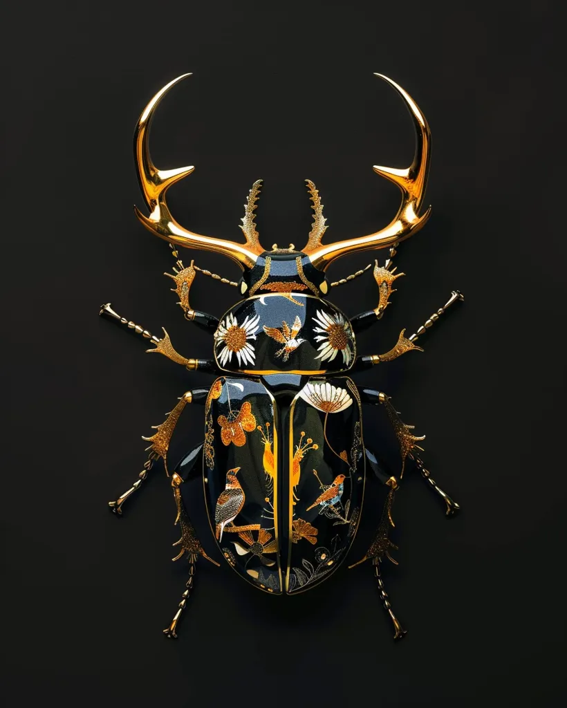 A meticulously crafted stag beetle, rendered in black and gold, dominates the image.  Its body is adorned with intricate floral and avian designs, showcasing exquisite detail.  The gold accents, particularly the impressive antlers, amplify the piece's luxurious and artistic appeal, creating a striking contrast against the dark background. The artwork blends natural forms with opulent artistry.