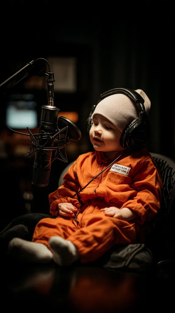 A toddler, wearing an orange jumpsuit and a beige beanie, sits in front of a microphone.  Over-ear headphones are on the child's head.  The setting appears to be a recording studio, dimly lit and professional. The child's expression is serene, as if attentively listening or speaking. The image conveys a sense of cuteness and unexpected professionalism.