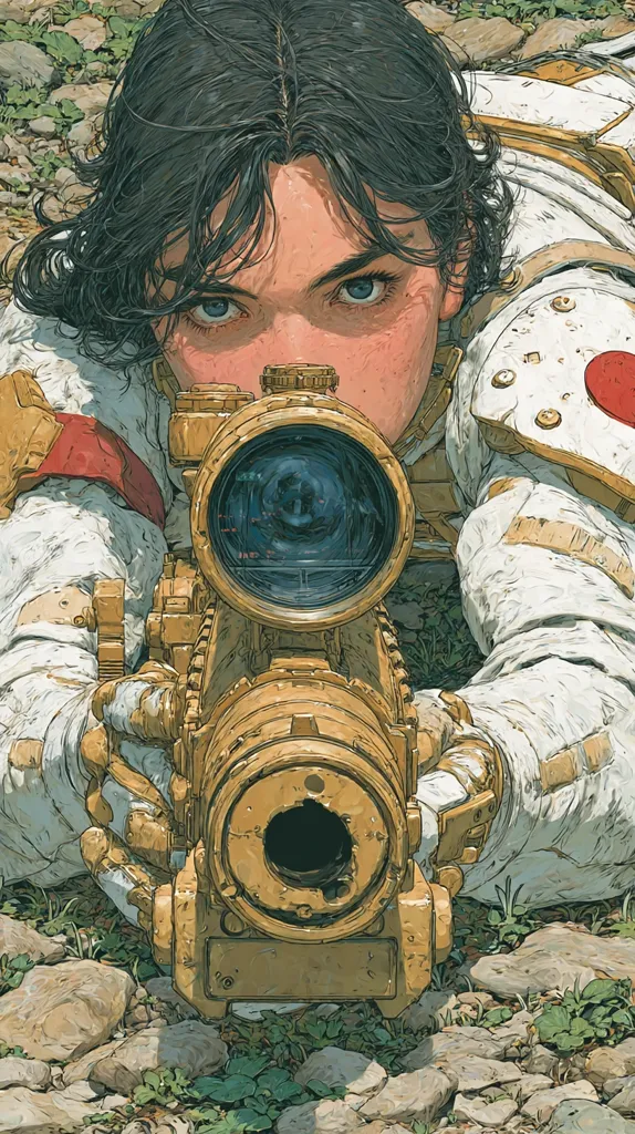 A close-up illustration depicts a young woman, possibly a soldier, lying prone behind a large, detailed, tan-colored sniper rifle.  Her dark hair frames her face, her intense blue eyes focused through the scope. She wears a futuristic, off-white suit with armored plating. The scene is set on rocky ground with sparse vegetation, suggesting a harsh, possibly desolate environment.  The style is highly detailed and painterly, with a focus on texture and realism.