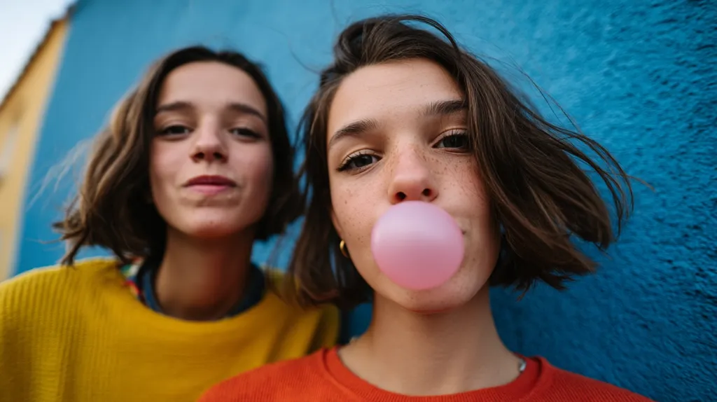 Two teenage girls stand close together against a blue wall.  One girl wears a yellow sweater, the other a red one. The girl in the foreground blows a large pink bubble of gum. Both girls have shoulder-length brown hair. The photo has a slightly close-up and playful feel.