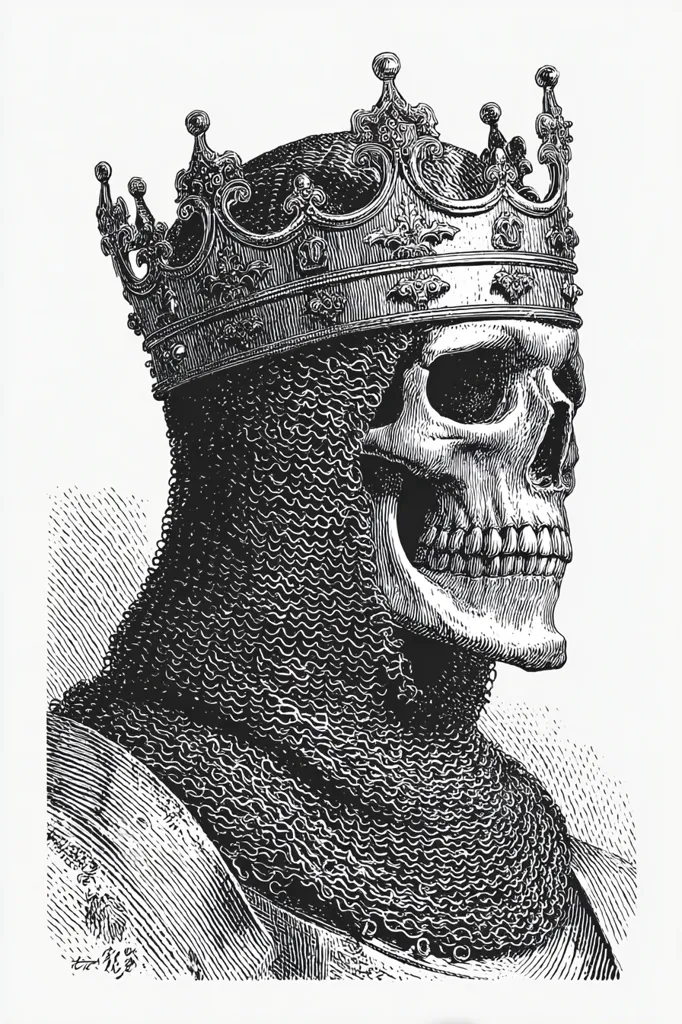 A detailed black and white illustration depicts a skull wearing a king's crown and chainmail. The skull is rendered in a realistic style, showcasing intricate detail in the bone structure and teeth.  The crown is ornate and sits atop the skull, emphasizing the juxtaposition of mortality and regal power.  The chainmail drapes over the skull and shoulders, suggesting a deceased warrior or king.  The style is reminiscent of woodcut or etching.