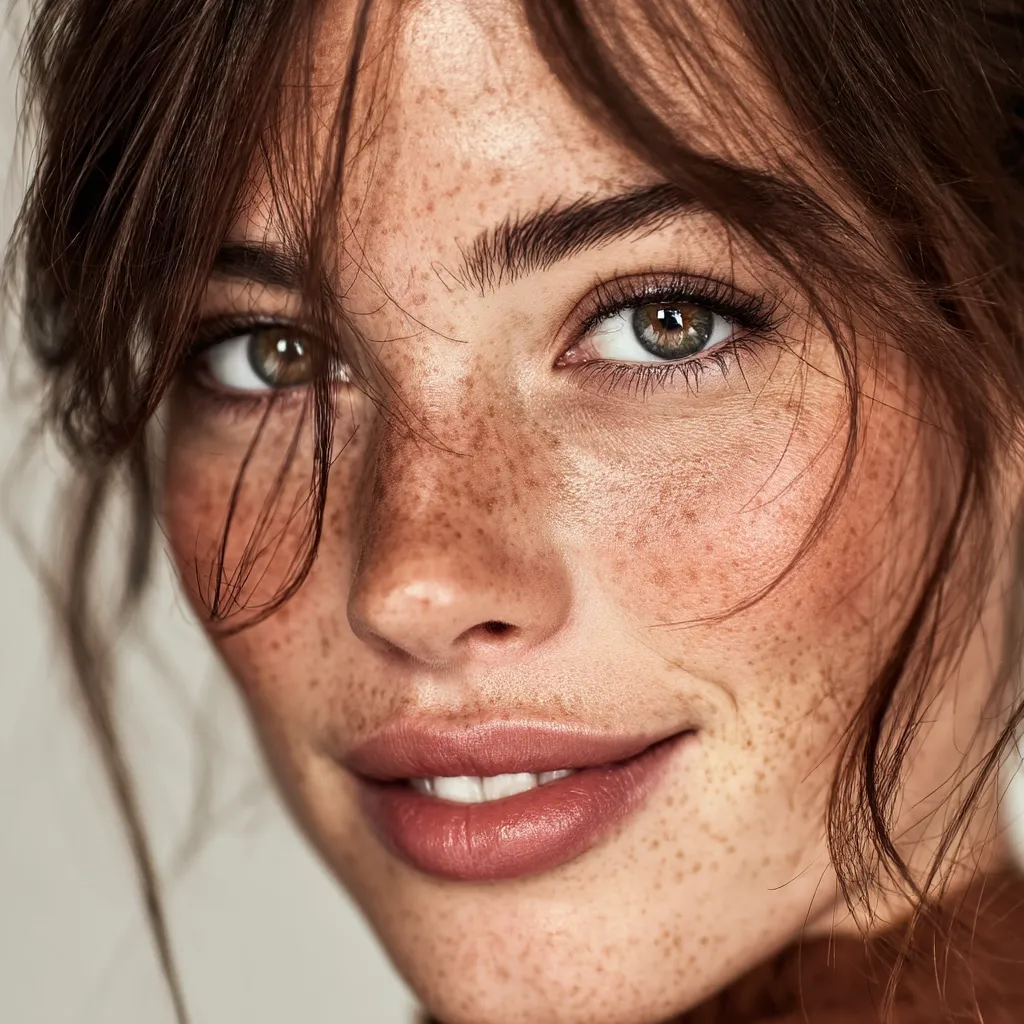 Close-up portrait of a young woman with freckles and brown hair. Her eyes are captivating, and a subtle smile graces her lips.  The image focuses on her natural beauty, highlighting her skin texture and warm tones.  Her hair partially obscures her face, adding an element of intrigue.