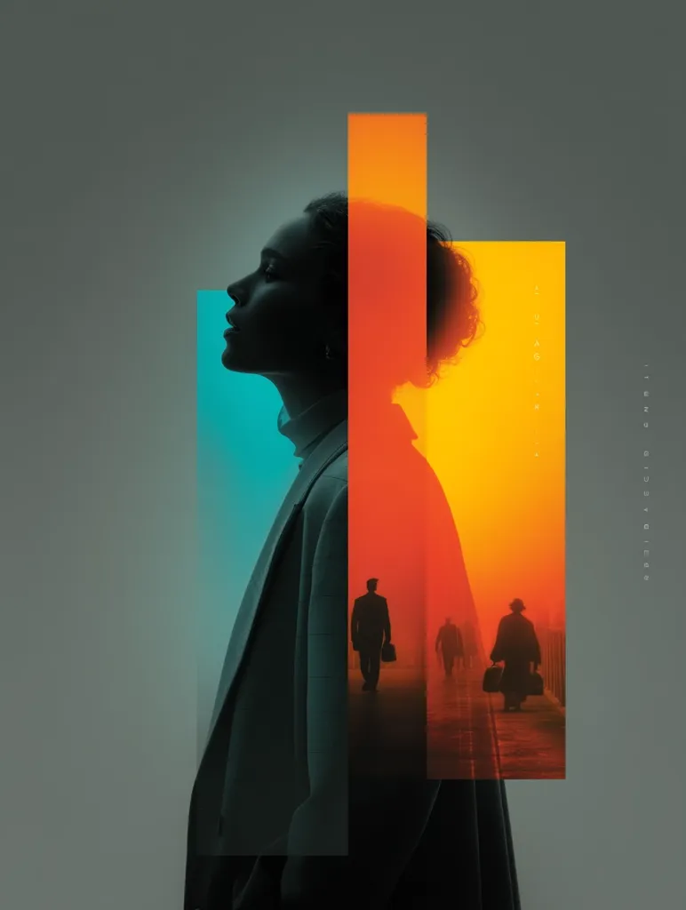 A stylized portrait of a woman in profile, overlaid with vibrant orange and teal geometric shapes.  The woman's silhouette is sharp, contrasted against a muted background.  A separate image of silhouetted figures carrying briefcases walks along a hazy path, suggesting a journey or commute, subtly integrated into the main image. The overall effect is one of modern abstraction and a contemplative mood.