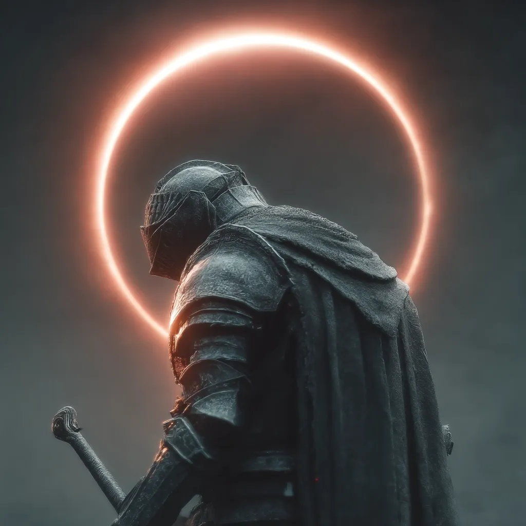 A lone knight, clad in dark, weathered armor and a flowing cape, stands with his sword at his side.  His head is bowed, his back to the viewer.  Behind him, a large, fiery orange ring glows in the dusky sky, creating a dramatic and melancholic scene. The image evokes feelings of solitude, loss, and perhaps, a final stand.