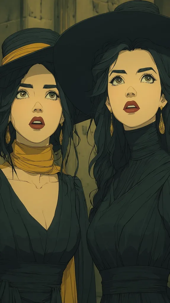 Two women, strikingly similar, are depicted in an illustration.  Both wear dark, elegant dresses, wide-brimmed black hats, and gold earrings. One woman's hat features a mustard yellow band.  Their dark hair is styled similarly, cascading down their shoulders.  They share a similar expression of quiet contemplation or apprehension, creating an air of mystery. The muted color palette enhances the overall mood.