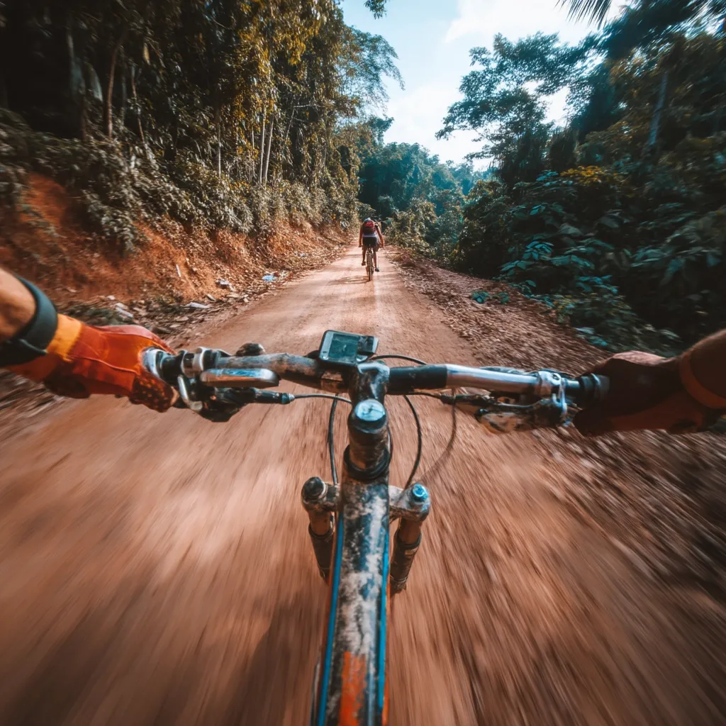 A first-person view of mountain biking on a dirt road through a lush green forest. Two cyclists are visible ahead, further down the trail. The sunlit path is dusty and uneven, suggesting a challenging yet scenic ride. The foreground shows the handlebars and the cyclist's hands gripping them tightly, emphasizing the speed and intensity of the experience.  The overall atmosphere is one of adventure and exploration within a natural setting.