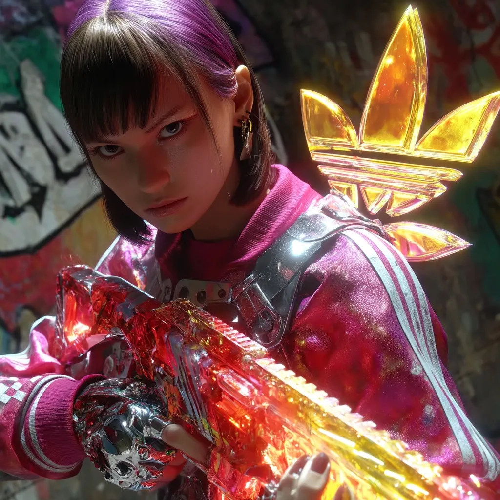 A young woman with purple hair, wearing a pink Adidas tracksuit and futuristic metallic armor, grips a translucent, vibrant orange and red energy weapon.  The Adidas logo is displayed as a glowing, crystalline wing on her shoulder. The setting is a gritty, graffiti-covered urban backdrop, suggesting a cyberpunk or futuristic aesthetic.  Her intense gaze directly confronts the viewer.