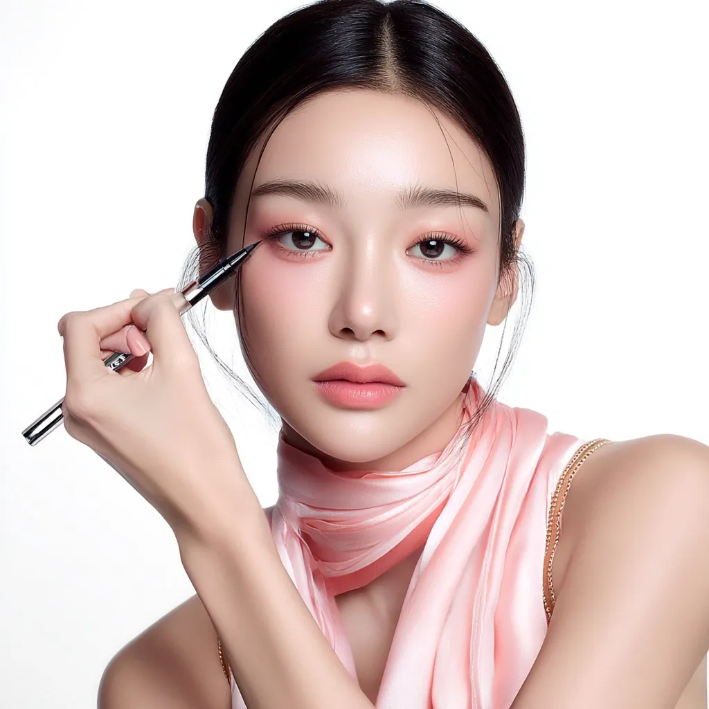 A young woman with dark hair pulled back applies eyeliner to her upper eyelid with a precision brush.  She's wearing light, peachy makeup and a delicate pink silk scarf.  Her expression is serious and focused on the application process, highlighting a beauty or makeup tutorial concept.  The background is plain white, emphasizing the model and her actions.