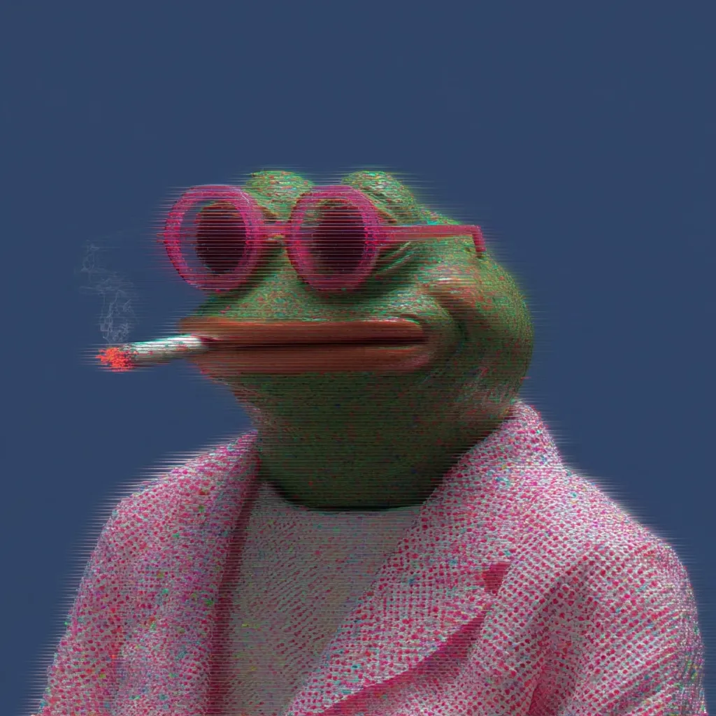 A stylized 3D rendering of Pepe the Frog, depicted in a pink jacket and round pink sunglasses.  He holds a lit cigarette, exhaling smoke. The image has a retro, glitch-like visual effect, giving it a vintage aesthetic with a modern twist.  The frog's expression is apathetic, contributing to the overall cool and somewhat ironic tone.