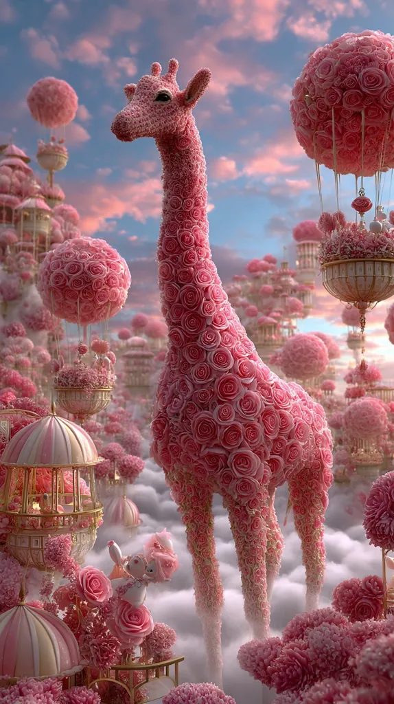 A whimsical digital artwork depicts a giraffe crafted entirely from pink roses, standing amidst a fantastical landscape of rose-covered hot air balloons and cloud-like structures.  Small, ornate cages and charming floral details add to the dreamy, fairytale-like atmosphere.  The scene is bathed in soft, pastel hues, creating a visually captivating and enchanting image.