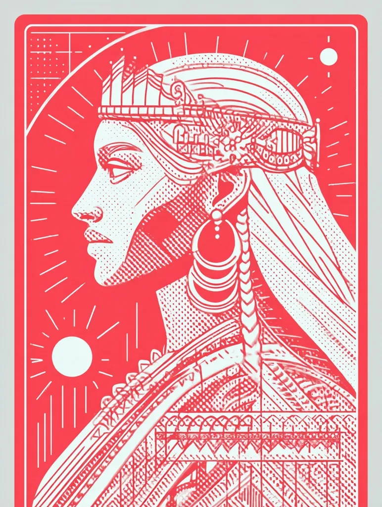 A stylized portrait of a woman, possibly a queen or goddess, in profile view.  She wears an elaborate headdress and ornate jewelry, her clothing intricately detailed. The artwork is in a bold red and white color scheme, with a graphic, almost woodcut-like style.  Geometric patterns and sunbursts frame the figure, creating a powerful and regal image. The overall aesthetic is both ancient and modern.