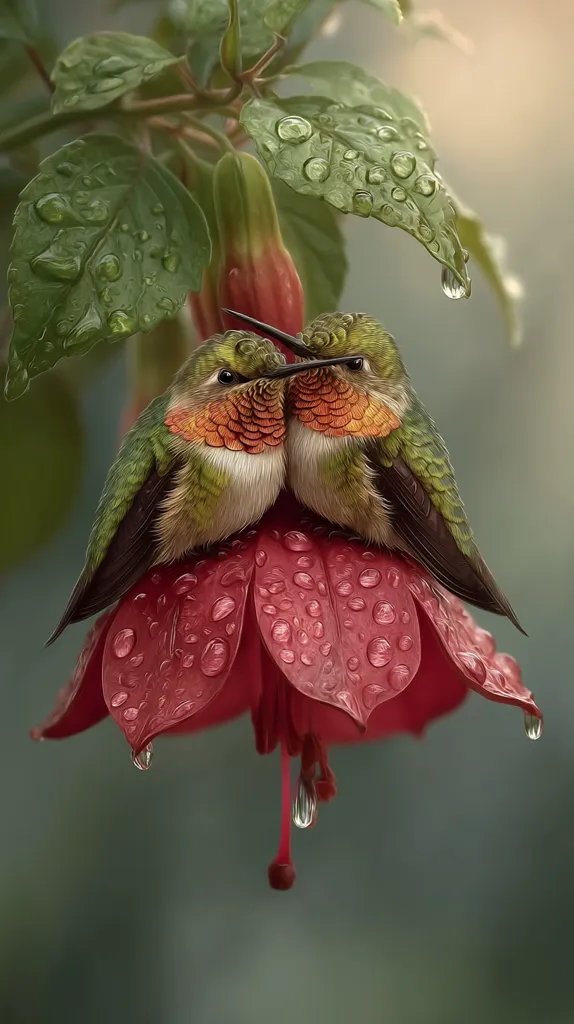 Two hummingbirds, nestled together, perch on a vibrant red flower glistening with raindrops.  The flower hangs delicately from a lush green plant, also adorned with water droplets.  The scene evokes a sense of tranquility and the beauty of nature's intimate moments. The hummingbirds' plumage is detailed, showing their iridescent green and orange hues.  Soft light enhances the overall ethereal quality of the image.