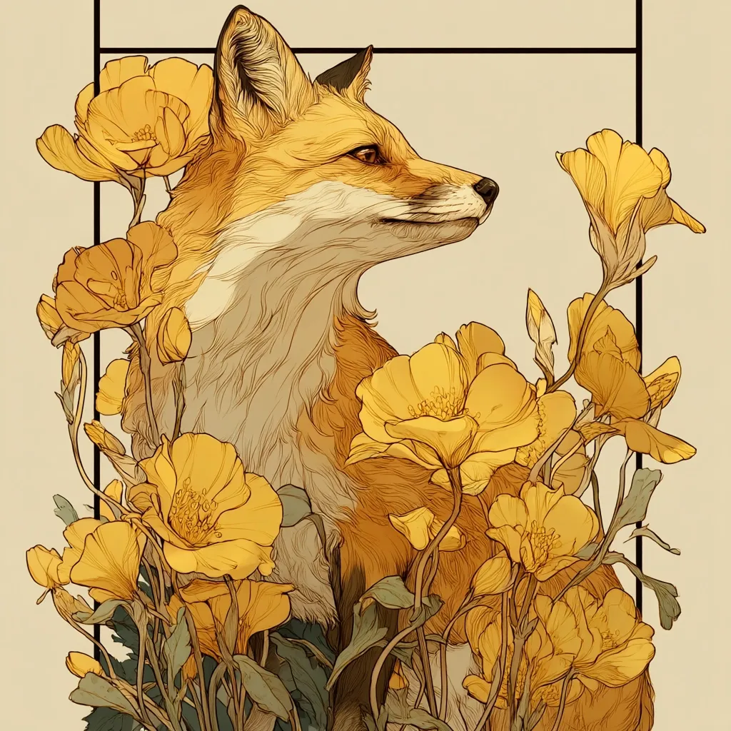 An illustration showcases a red fox, rendered in a detailed, almost sketched style, nestled amongst a profusion of large, yellow flowers.  The fox is positioned in profile, gazing to its right, its fur meticulously depicted with fine lines suggesting texture and depth. The flowers, possibly poppies or a similar species, are equally detailed, their petals and stems rendered with the same attention to botanical accuracy. The overall color palette is warm and muted, dominated by varying shades of yellow and orange.  The image evokes a sense of tranquility and natural beauty.