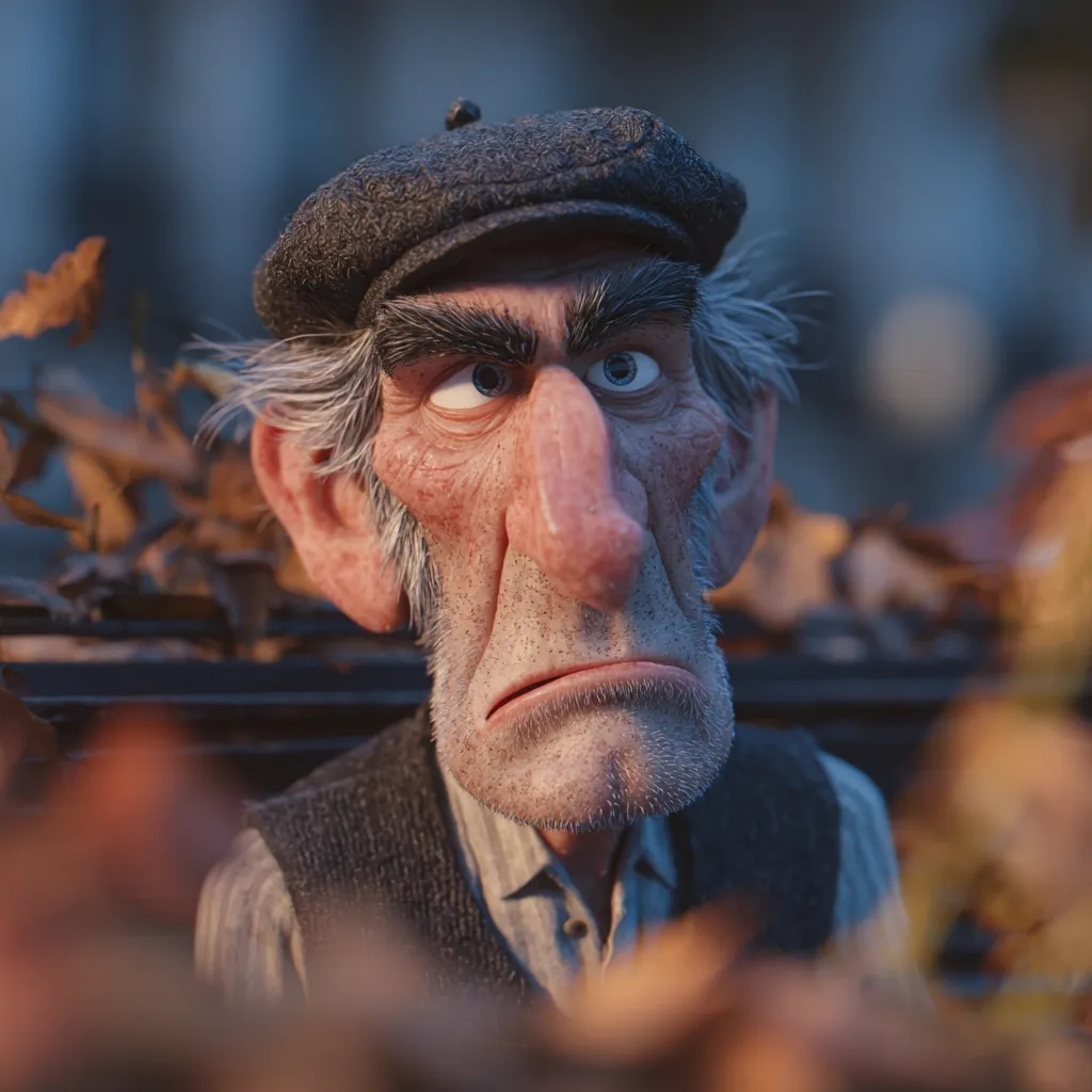 A close-up shot reveals a stylized 3D-rendered elderly man.  He sports a newsboy cap and a stern expression, his exaggerated features—a large nose and bushy eyebrows—contributing to a cartoonish yet realistic appearance.  He's dressed in a simple vest and shirt, partially obscured by autumn leaves in the foreground, suggesting an outdoor setting.  The overall mood is serious and slightly melancholic.