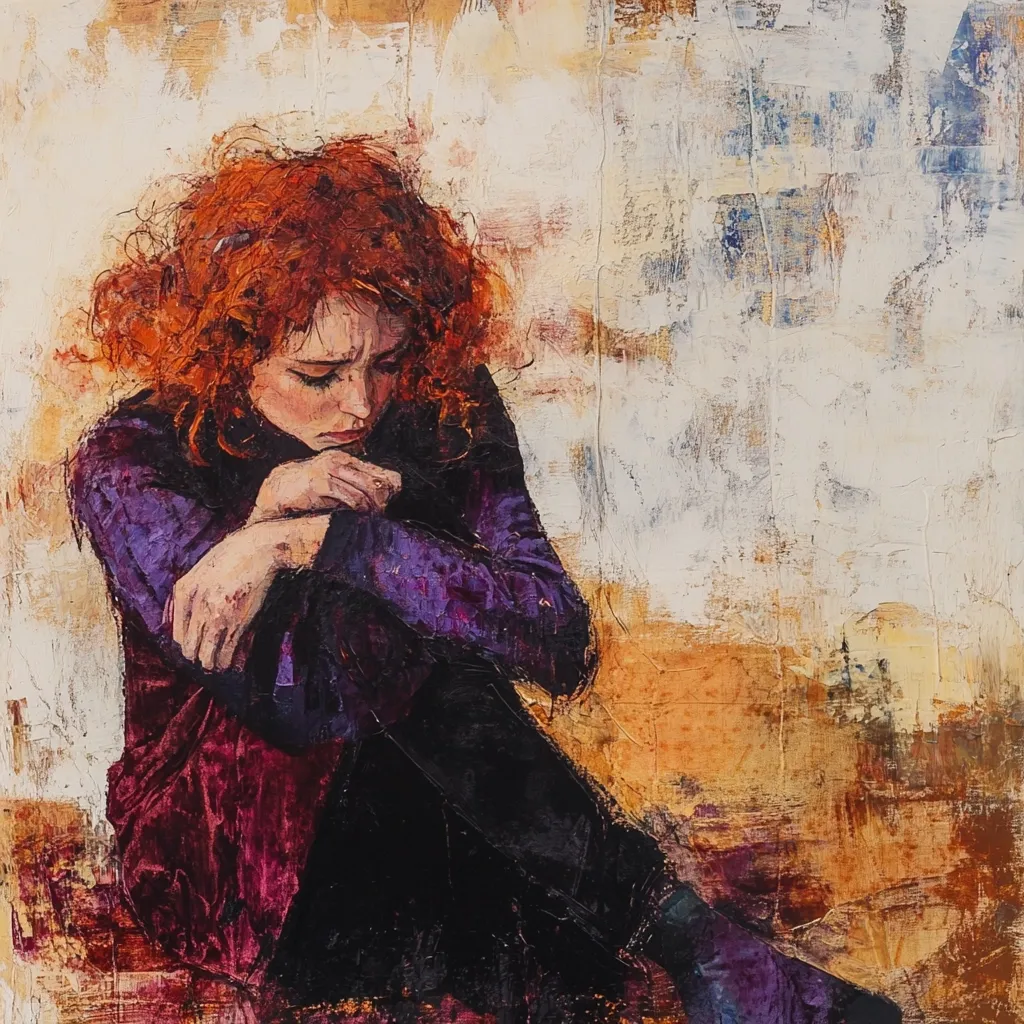 A painting depicts a young woman with vibrant red hair, seated and hunched over, her arms wrapped around herself.  She wears a dark purple top and dark clothing.  The impasto style creates a textured, emotional effect, with the background a blend of muted earth tones and off-white. The overall mood is one of introspection or sadness.