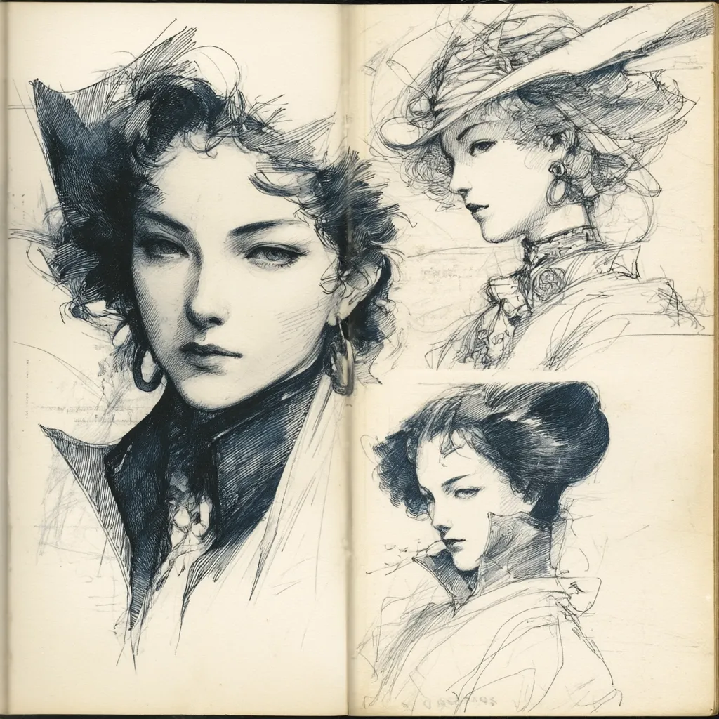 A sketchbook page features three meticulously rendered pen-and-ink portraits of women.  Each woman possesses unique hairstyles and attire, suggesting different periods or styles. The artist's style is detailed, with shading and line work creating depth and texture in their faces and clothing.  The sketches showcase a talent for capturing expression and individual character. The overall impression is one of elegance and artistic skill.