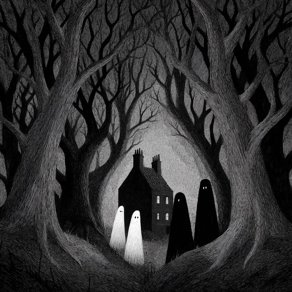 A monochromatic illustration depicts three ghosts—two white, one black—approaching a dark, isolated house nestled within a shadowy wood.  The trees' gnarled branches create a haunting frame around the scene, emphasizing the eerie atmosphere.  The style is reminiscent of a woodcut or scratchboard print, with fine lines suggesting texture and depth.  The overall mood is mysterious and slightly unsettling.