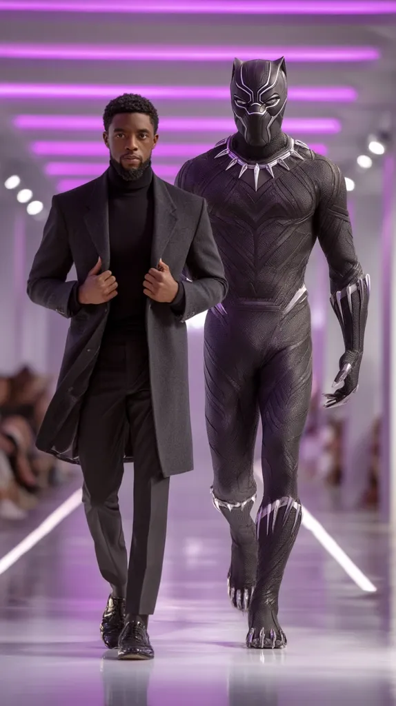 Chadwick Boseman, dressed in a dark grey overcoat and black turtleneck, walks a runway alongside a Black Panther costume.  The runway is sleek and modern, illuminated by purple lighting.  The image evokes a powerful and stylish tribute to the late actor and his iconic role. The contrast between the sophisticated attire and the superhero costume is striking.