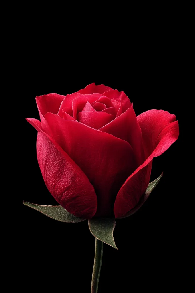 A single, deep red rose is captured against a stark black background.  The rose is in bud form, its velvety petals tightly furled, revealing a rich crimson hue.  The green sepals are visible at the base of the bloom, contrasting beautifully with the dark background, emphasizing the rose's vibrant color and delicate texture. The image is a study in simplicity and elegance.