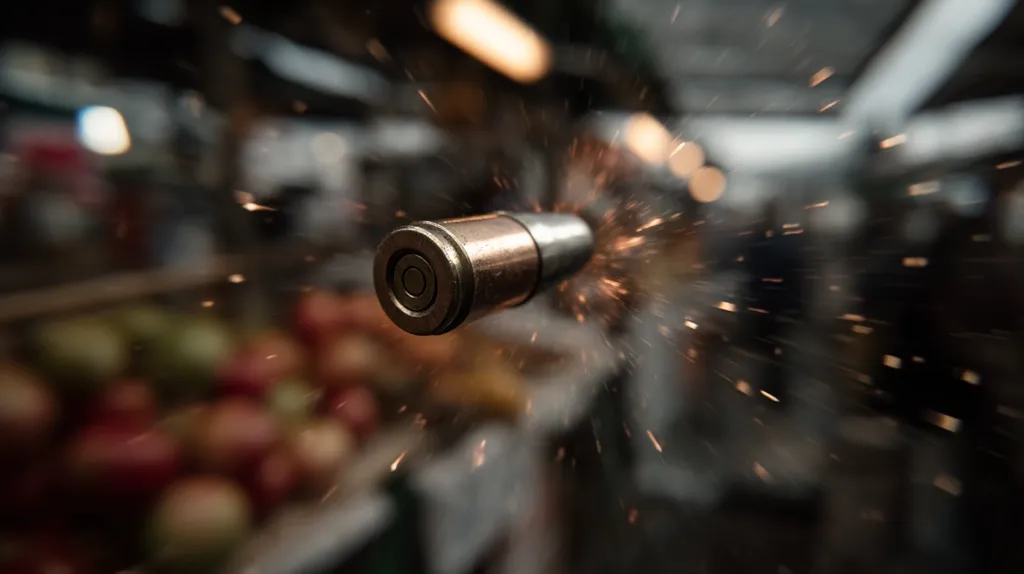 A bullet is shown in motion, leaving a trail of sparks.  The background is blurred, suggesting high speed, and depicts an out-of-focus market setting with produce in the foreground. The focus is sharply on the bullet, emphasizing its trajectory and the energy of its flight.  The overall image is dramatic and intense.
