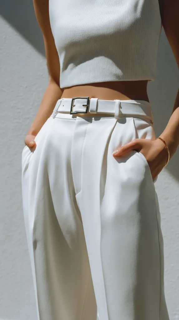 Close-up view of a woman wearing a white ribbed crop top and high-waisted, pleated white pants.  A thin white belt with a simple gold buckle cinches her waist. Her hands are casually in her pockets.  The overall style is minimalist and chic, highlighted by the clean lines and creamy white color palette. The image is sun-drenched, casting shadows that accentuate the fabric's texture.