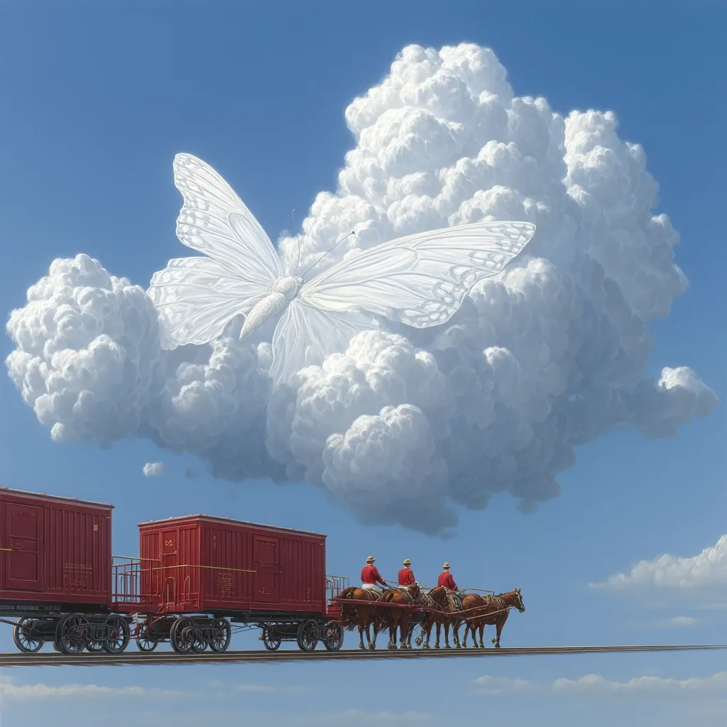 A surreal landscape depicts a red train carrying mounted figures, traversing a high track beneath a colossal cumulus cloud.  Embedded within the cloud is a giant, ethereal white butterfly, its wings subtly veined. The scene blends realism with fantasy, creating a dreamlike atmosphere against a clear blue sky.  The overall impression is one of serene, improbable beauty.