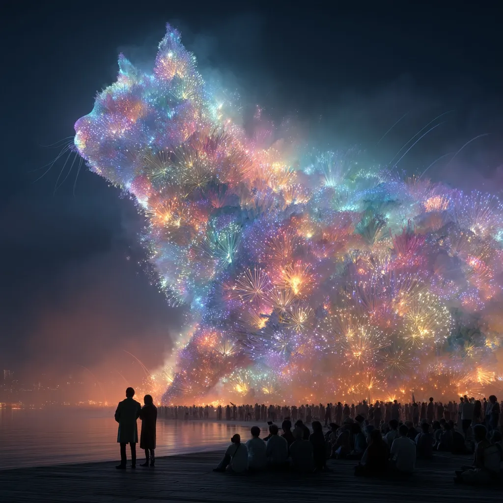A breathtaking firework display forms the silhouette of a majestic cat against the night sky.  Multicolored bursts of light illuminate the water's edge where a crowd of onlookers sits, mesmerized by the spectacular, ephemeral feline form. The scene is peaceful and magical, a blend of nature, art, and human wonder.