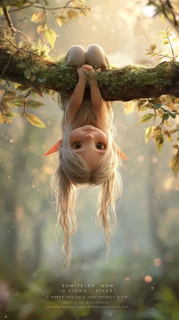 A whimsical digital rendering depicts a fairy-like creature with long blonde hair and pointed ears.  Hanging upside down from a moss-covered branch, the creature gazes up with large, expressive eyes. The background is a soft-focus forest scene, bathed in a warm, ethereal light.  The image has a dreamy, magical quality.  Text at the bottom appears to be a stylized quote or poem.