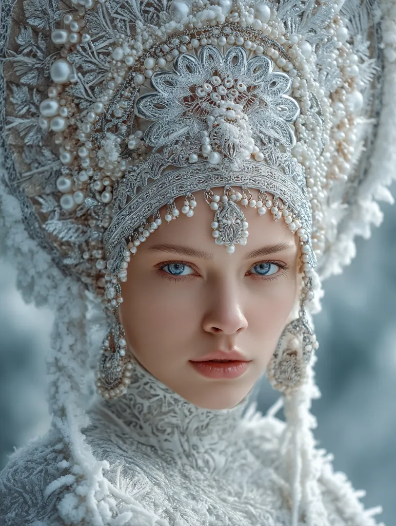 A young woman with striking blue eyes is the focal point of the image. She's adorned in an elaborate, ornate headpiece and matching garment, both exquisitely detailed with silver filigree and pearls. The ensemble evokes a sense of winter royalty or fairytale enchantment, with the intricate design and icy-blue background enhancing the ethereal quality. The overall effect is one of elegant sophistication and captivating mystery.