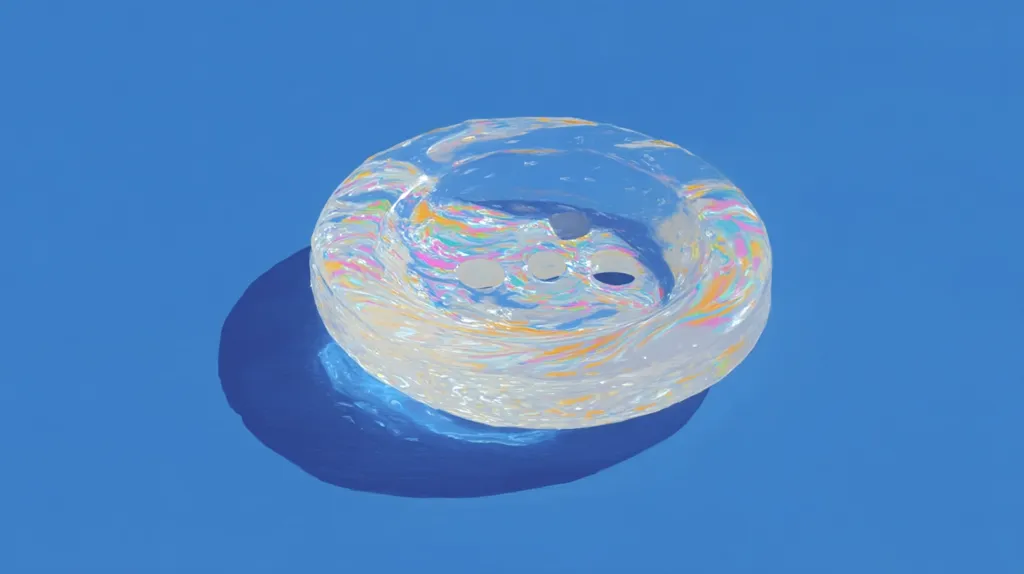 A large, translucent button rests on a vibrant blue surface.  The button is crafted from a clear material with swirls of pastel rainbow hues embedded within.  Its three holes are clearly visible.  The button casts a shadow, enhancing the overall image's aesthetic appeal.  The scene is simple yet striking, highlighting the button's unique design and texture.