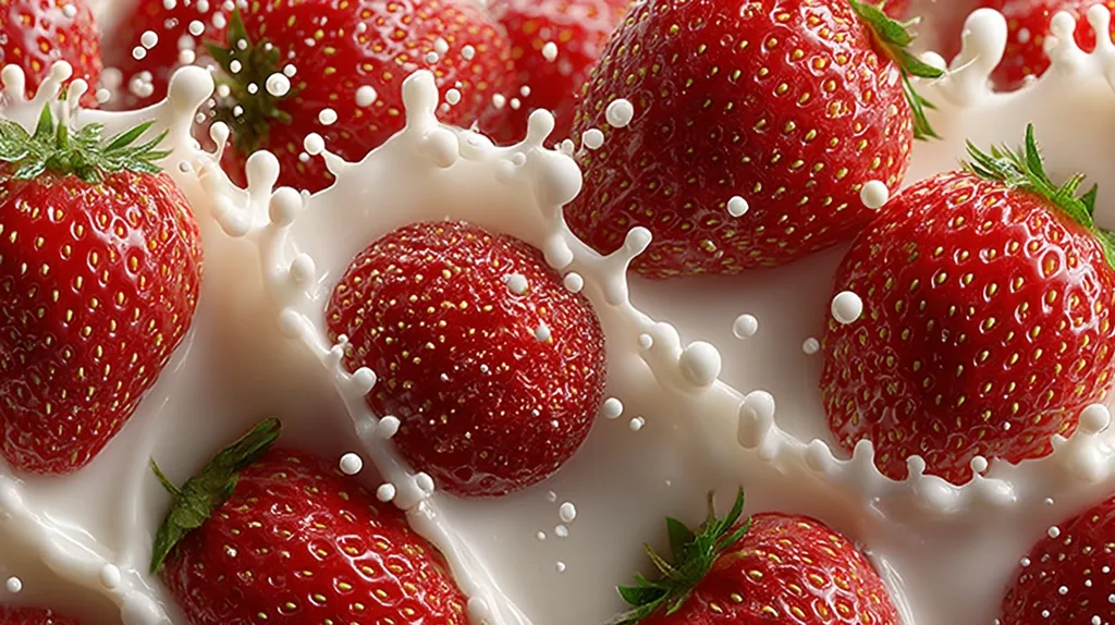 Fresh, ripe strawberries are splashed with creamy milk, creating a vibrant and delicious image.  The bright red strawberries contrast beautifully with the white milk, which is dynamically splattered around the fruit.  The scene is one of pure indulgence and evokes a feeling of freshness and summer.