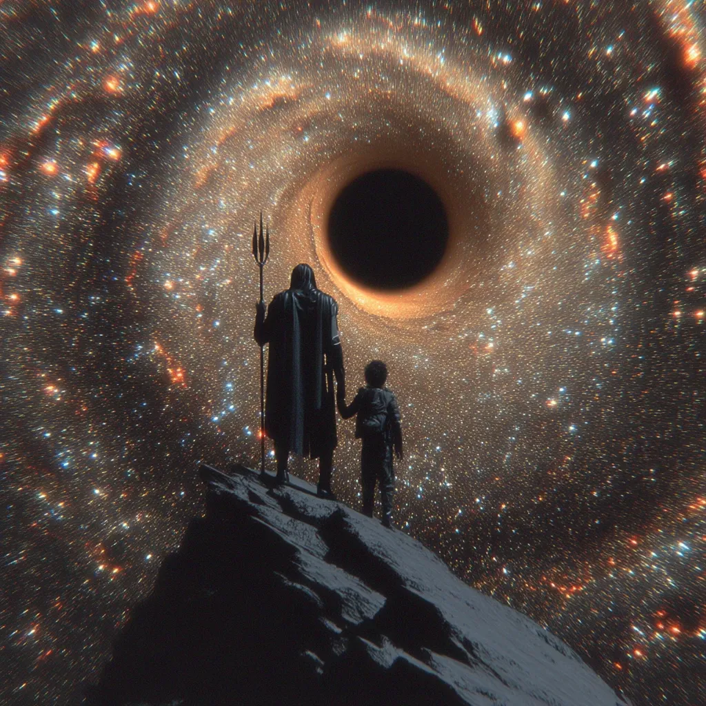 A cloaked figure, wielding a trident, stands hand-in-hand with a child atop a rocky outcrop.  Before them, a swirling cosmic vortex, a black hole, dominates the background, its luminous edges a spectacle of swirling stars and fiery nebulae. The scene evokes a sense of wonder, perhaps a journey into the unknown or a confrontation with the vastness of space.  The figures are silhouetted against the incredible cosmic display.