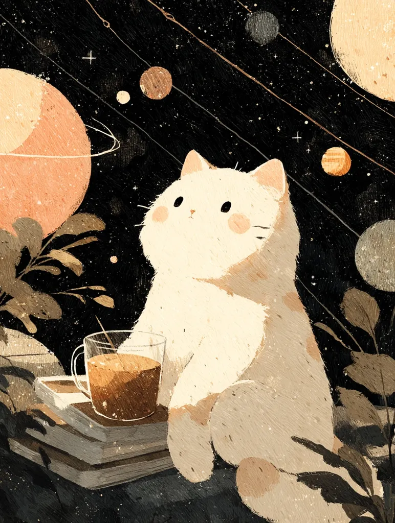 A fluffy white cat sits amidst a cosmic scene, gazing upwards at planets and stars.  A warm beverage rests on a stack of books beside it.  The style is whimsical and dreamy, with muted earth tones against a dark background.  Plants frame the cat, adding to the peaceful, contemplative atmosphere.