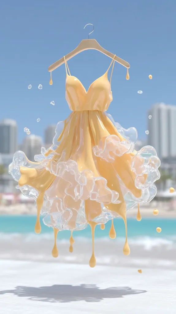 A pale yellow sundress hangs on a wooden hanger against a bright blue sky and ocean backdrop.  The dress appears to be made of a liquid material, dripping downwards.  Clear, almost glassy, ruffles accentuate the dress's form.  The overall effect is surreal and dreamlike, suggesting a melting or flowing texture.  City buildings are visible in the blurred background.