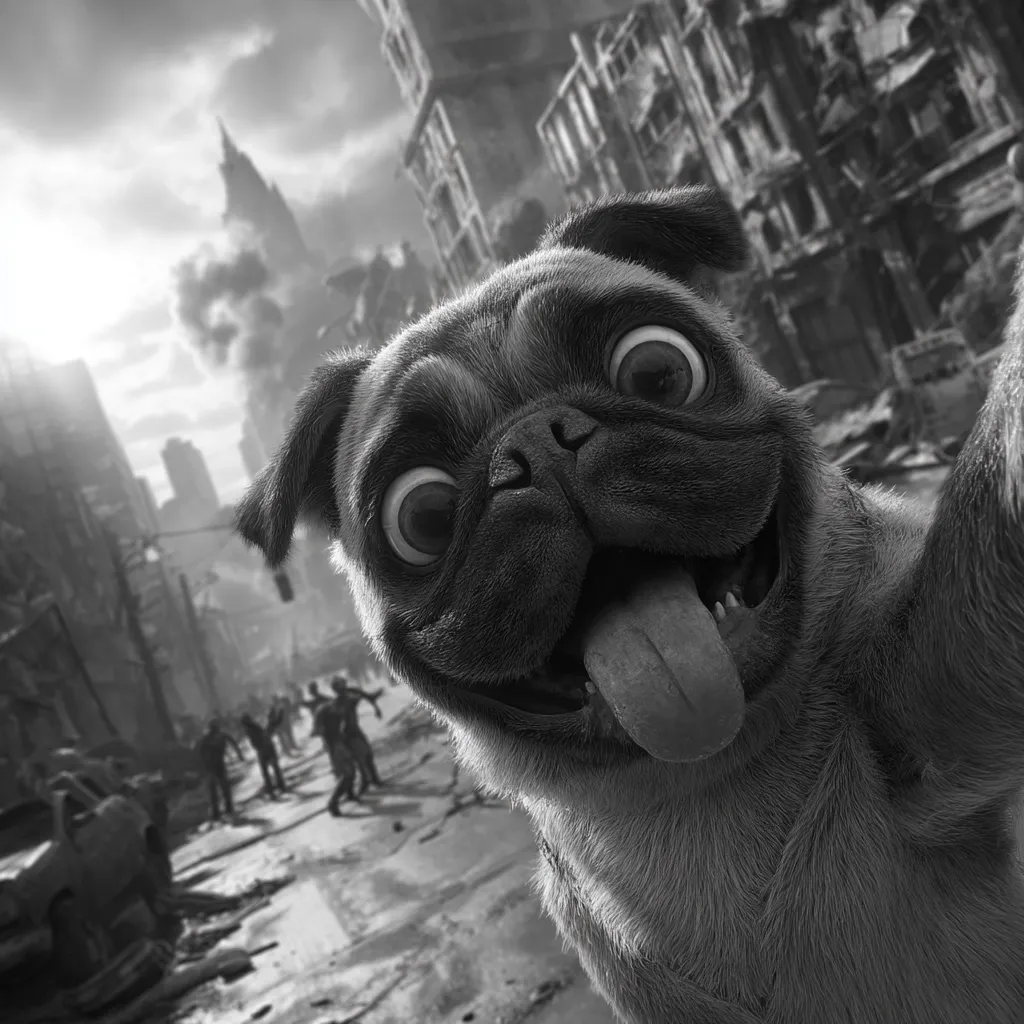 A cheerful pug dog takes a selfie in a post-apocalyptic city.  The background is a monochrome scene of ruined buildings and zombies moving in the distance.  The pug's large, expressive eyes and tongue are prominent in the close-up shot, creating a striking contrast between its joyful expression and the grim setting.