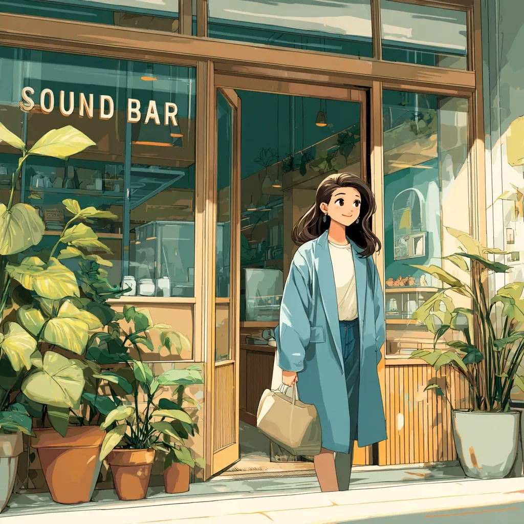 A young woman with long brown hair, wearing a light blue coat and carrying a beige handbag, stands outside a "Sound Bar."  The cafe is bathed in sunlight, featuring large windows and potted plants flanking the entrance. The scene is illustrated in a soft, anime-style, with warm colors and a peaceful atmosphere.  The overall impression is one of calm and pleasant urban life.