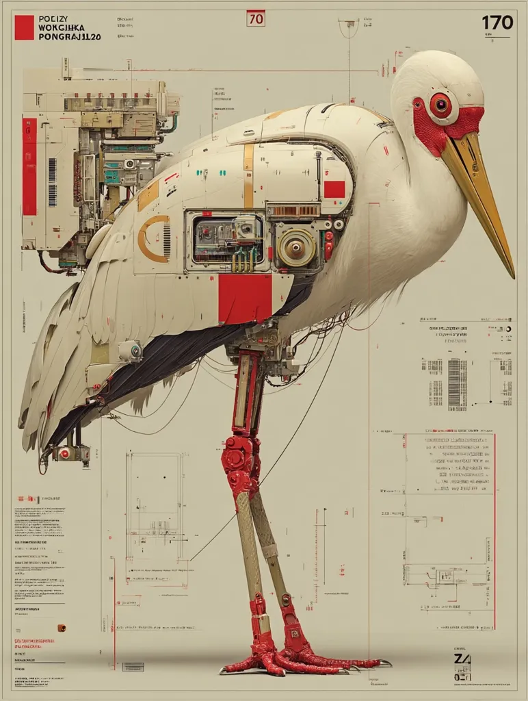 A stylized illustration depicts a robotic crane, its body crafted from beige metal panels and accented with red components.  Internal mechanisms are partially visible, revealing a complex internal structure.  The artwork is overlaid on technical schematics and diagrams, suggesting a blueprint or design document. The image blends organic and mechanical elements, creating a futuristic, biomechanical aesthetic.  Numbers “70” and “170” are prominently displayed.