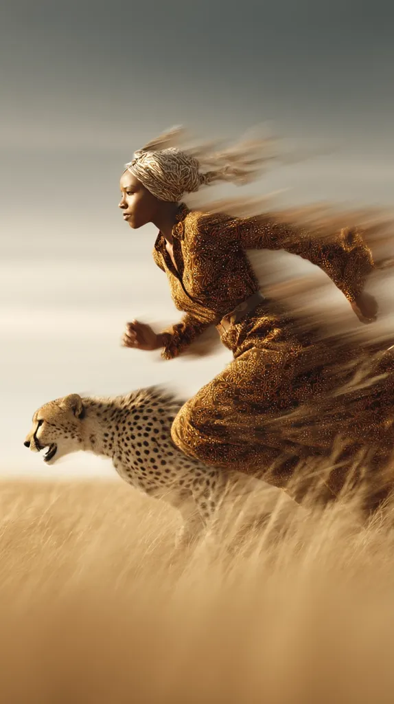 A woman in a gold dress and headscarf runs through tall grass alongside a cheetah.  The image is artistically blurred, creating a sense of speed and motion.  The woman and cheetah appear to be running in unison, their forms almost merging with the flowing grass. The overall tone is one of powerful grace and freedom.