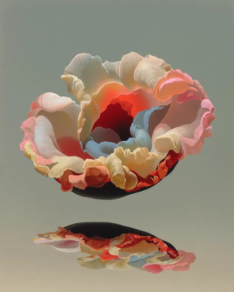 A digitally created image depicts a vibrant, abstract flower-like form in pastel shades of peach, pink, and blue, with a dark red center.  The organic, almost fleshy texture suggests petals, creating a sense of depth and movement.  It floats above its reflection on a muted, neutral background, enhancing the ethereal quality of the artwork.