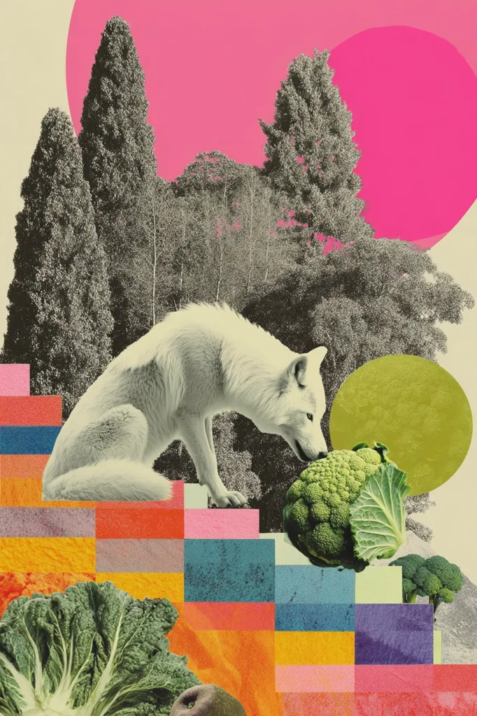 A stylized collage features a white wolf sniffing a head of broccoli.  The wolf sits on colorful geometric steps, set against a backdrop of stylized trees and vibrant pink and green circles.  Other vegetables, including cabbage and broccoli florets, are scattered around the base. The overall aesthetic is bold and playful, combining natural elements with abstract shapes and colors.
