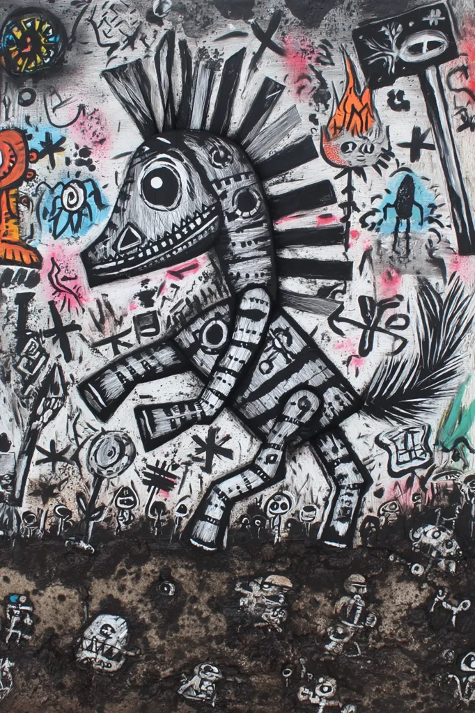 A vibrant, chaotic artwork features a stylized, monochrome horse-like creature with a punk mohawk dominating the center.  Surrounding it is a dense collection of smaller, whimsical figures and symbols in a range of colors, creating a busy, layered effect. The background suggests a dark, possibly earthy or muddy landscape, contrasting with the brighter elements of the main figure. The overall style is expressive and slightly surreal, reminiscent of graffiti art or folk art.