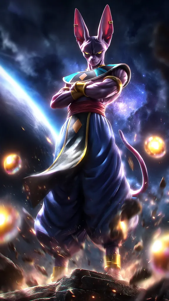 A dramatic digital painting depicts Lord Beerus, the God of Destruction, from Dragon Ball Super.  He stands defiantly with arms crossed, his purple attire and feline features sharply rendered.  A cosmic backdrop of swirling nebulae and glowing orbs enhances the powerful aura surrounding him. The image conveys his immense power and regal presence.