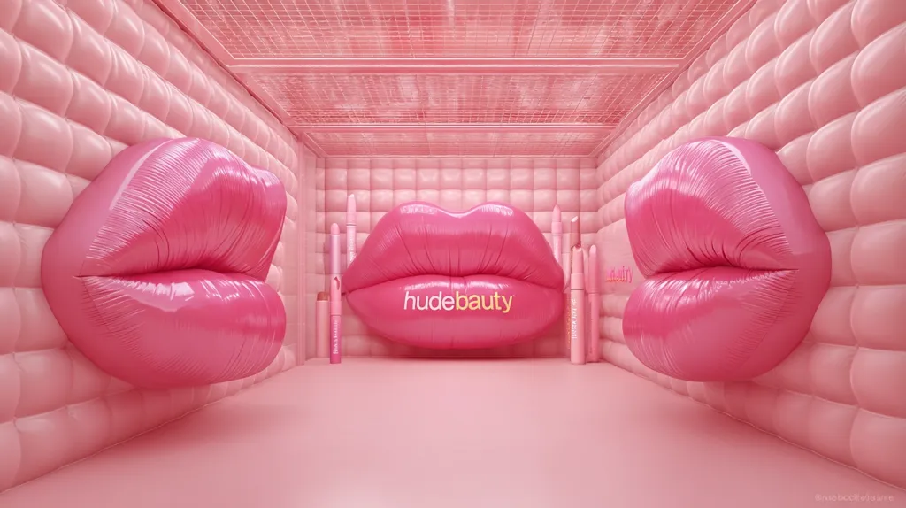 A pink room features oversized, glossy lips on each side, flanking a central, larger lip with the "Hudebeauty" logo.  The walls are padded in a quilted pink design.  Lipstick tubes are arranged on the floor, adding to the overall pink and beauty-themed aesthetic.  The scene is brightly lit and visually striking.